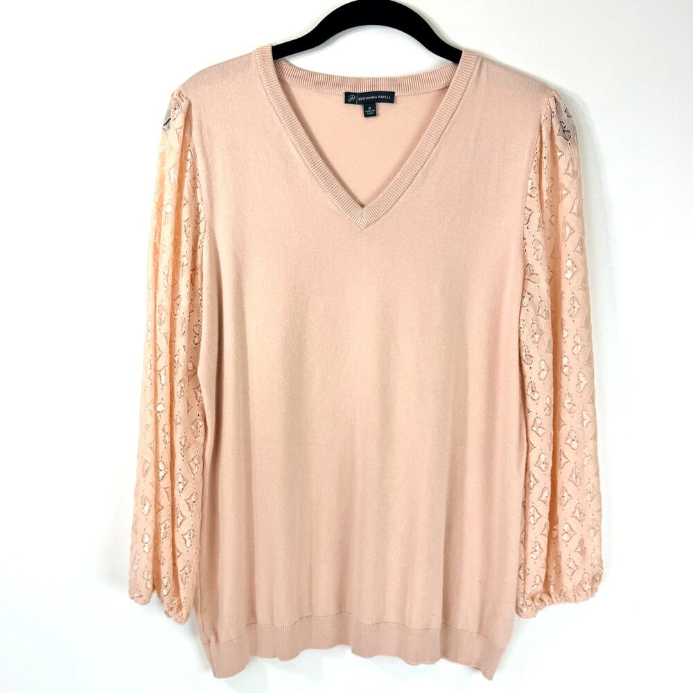 Adrianna Papell‎ Womens M Knit Peach Blouse with Sheer Sleeves